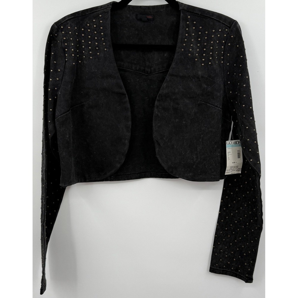 VTG NWT BONGO Bronze Studded Black Denim Bolero-Crop Styled Jacket Sz JRS L